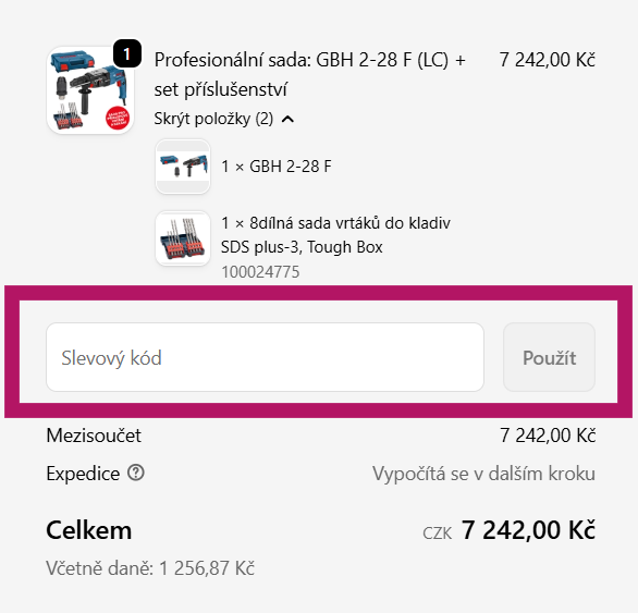Vložení slevového kódu na Bosch Shop